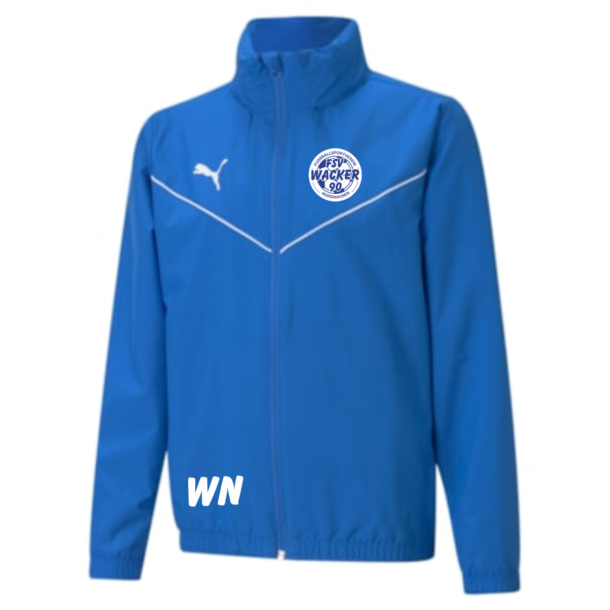 teamRISE Kinder Allwetterjacke des FSV Wacker 90 Nordhausen in Blau mit Vereinslogo auf der Brust, weißem Puma-Symbol und dekorativen weißen Streifen.