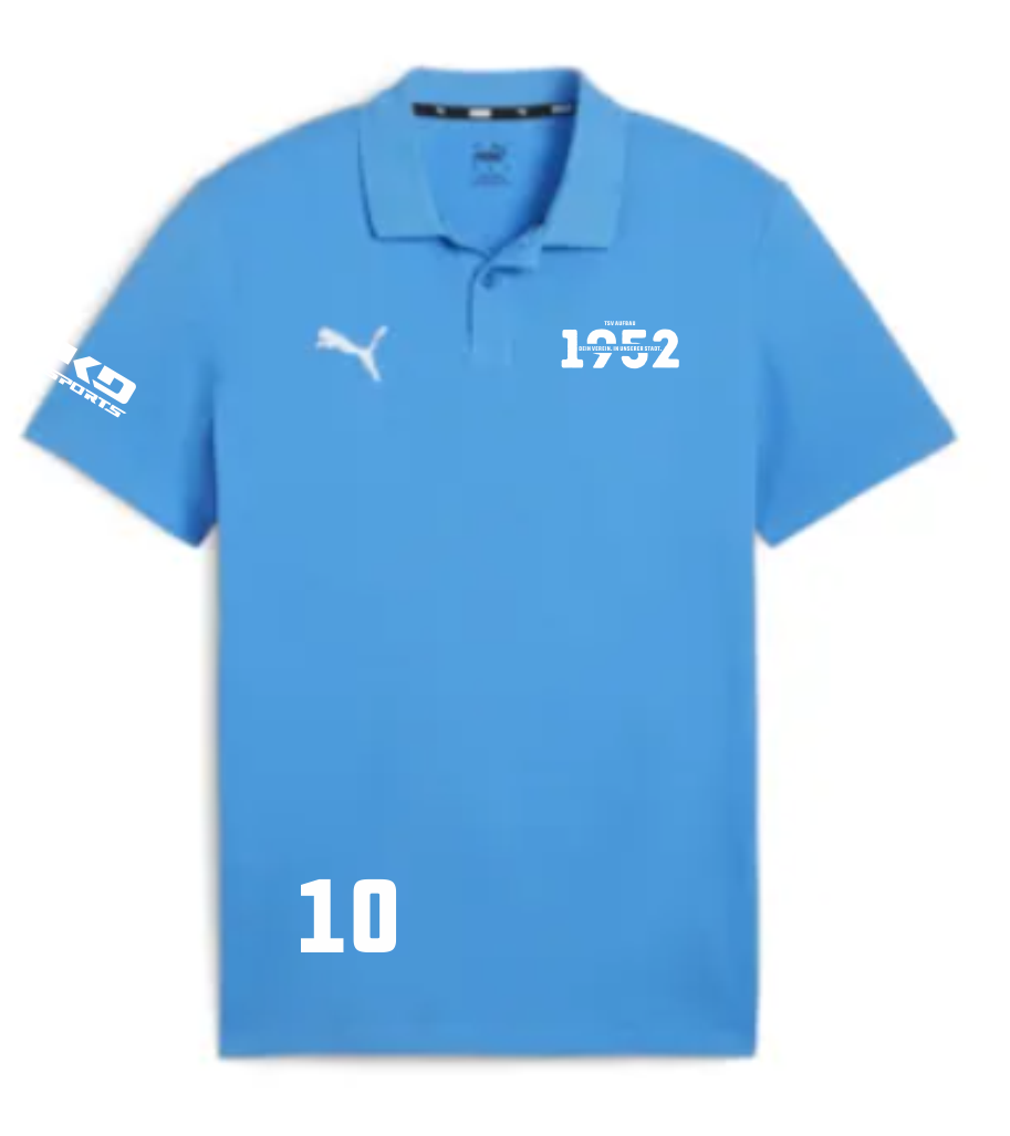 teamGOAL Herren Poloshirt (1952 Logo) - TSV Aufbau 1952 Heiligenstadt in Hellblau, mit weißem Puma-Logo, KG SPORTS auf dem linken Ärmel, dem Schriftzug 'TSV AUFBAU 1952' und der Nummer 10 auf der Vorderseite.