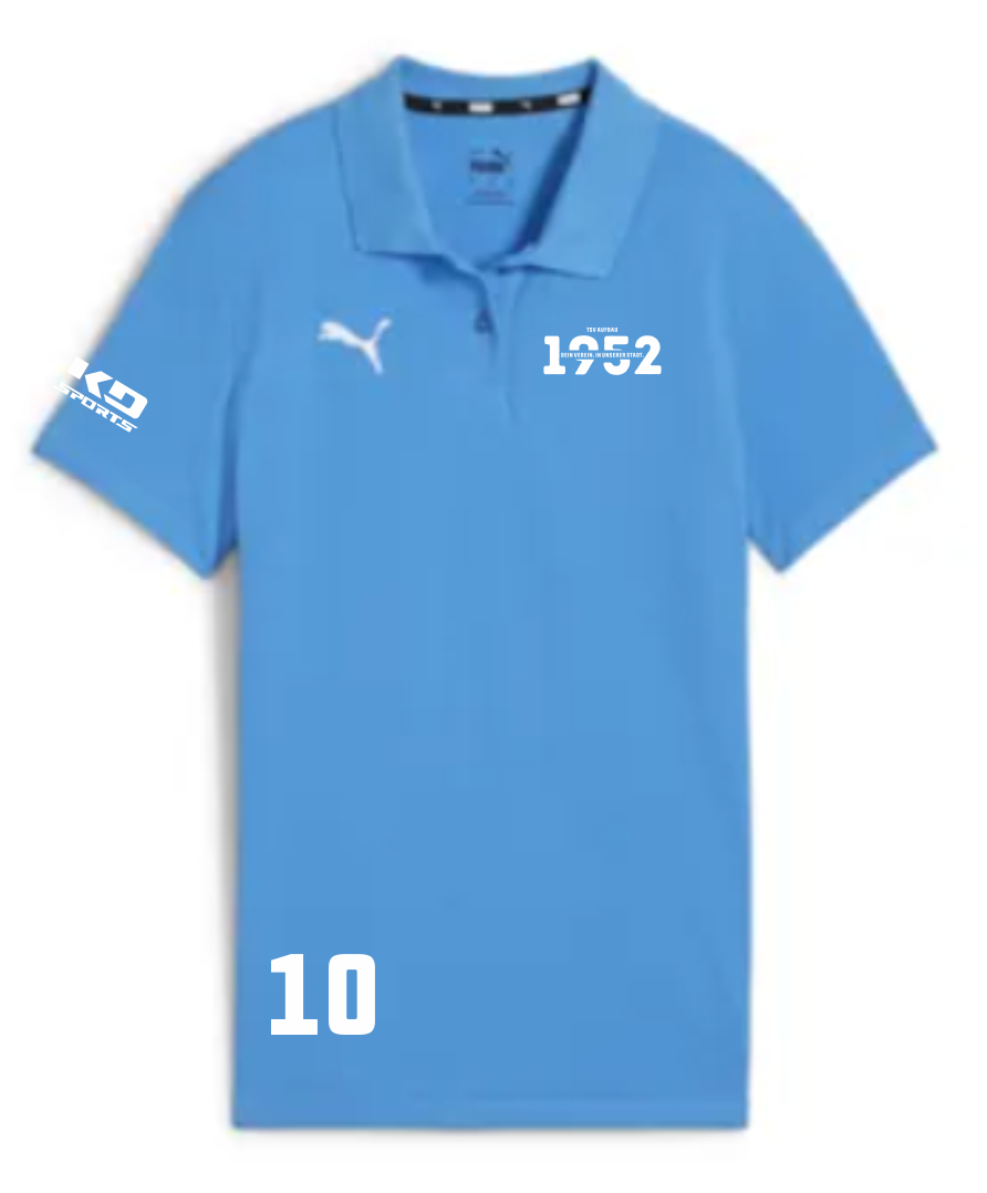Hellblaues teamGOAL Damen Poloshirt für TSV Aufbau 1952 Heiligenstadt mit weißem Puma Logo, großem '1952' Vereinslogo mit 'TSV Aufbau' und 'Dein Verein, Deine Heiligenstadt' Schriftzug, 'KG Sports' auf dem linken Ärmel und der Zahl '10' auf der linken Vor