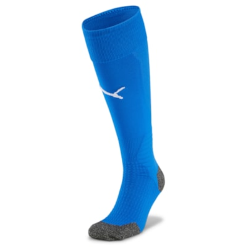 teamLIGA Socks Stutzenstrumpf in leuchtendem Blau, mit weißem Puma-Logo am Schaft und verstärktem grauem Fersen- sowie Zehenbereich für optimalen Halt und Komfort beim Sport.