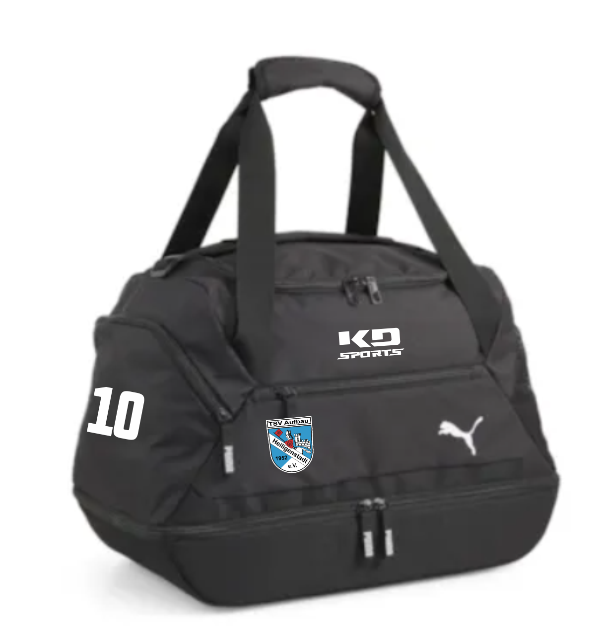 Schwarze teamGoal Sporttasche klein (S) mit Bodenfach, sichtbaren Reißverschlüssen, Tragegriffen und den Logos 'KD SPORTS', Puma-Logo sowie dem Wappen des TSV Aufbau 1952 Heiligenstadt und der Nummer 10 auf weißem Hintergrund.