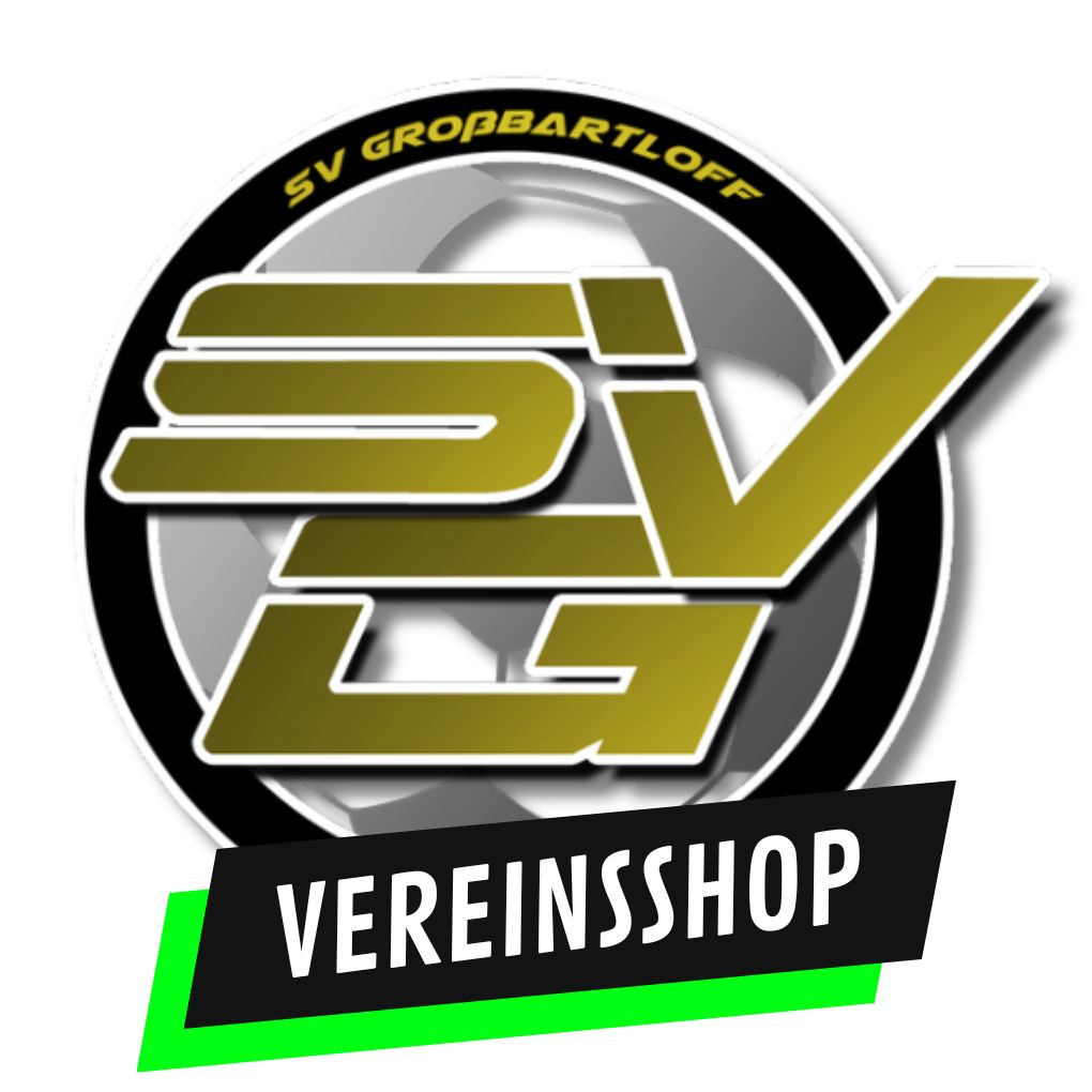 Logo des SV Großbartloff mit goldgelben Initialen SVG auf einem runden Hintergrund, darunter ein schwarzes Banner mit dem weißen Schriftzug 'VEREINSSHOP'.