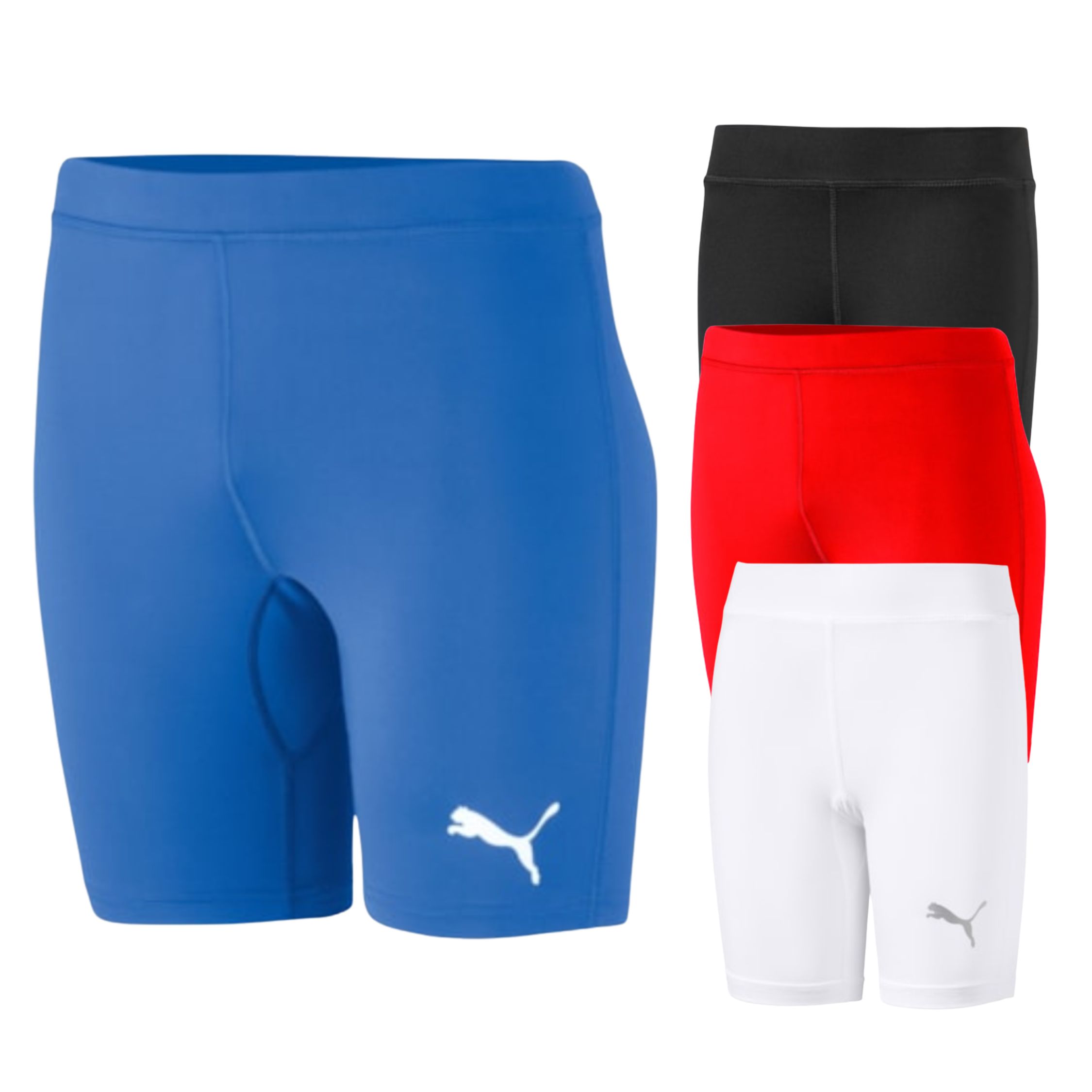 teamLIGA Baselayer Funktionsshorts von Puma in Blau mit weißem Logo, sowie im Hintergrund weitere Shorts in Schwarz, Rot und Weiß.