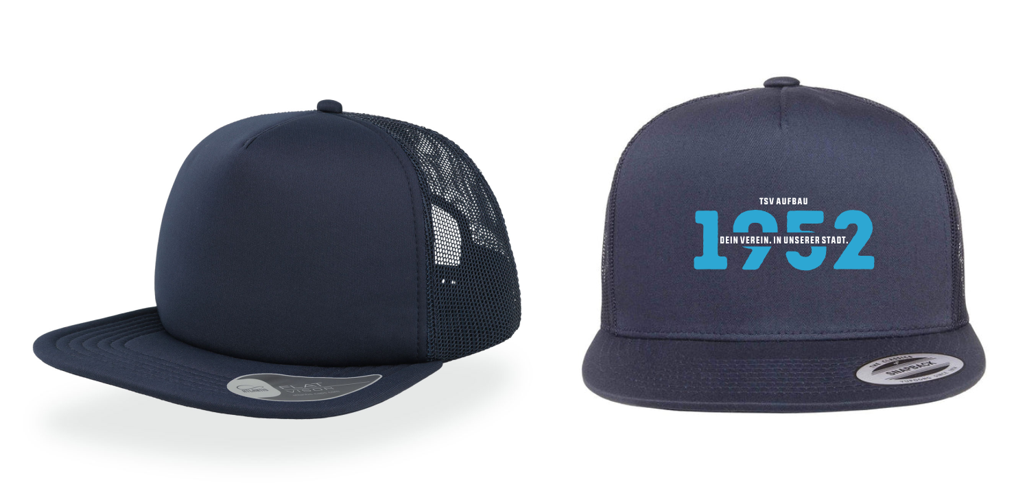 Dunkelblaue Snap 90s Cap des TSV Aufbau 1952 Heiligenstadt mit flachem Schirm und atmungsaktivem Mesh-Rückenteil, dargestellt in zwei Ansichten. Die Vorderseite zeigt prominent die hellblaue Jahreszahl '1952', darüber den Schriftzug 'TSV AUFBAU' und darun
