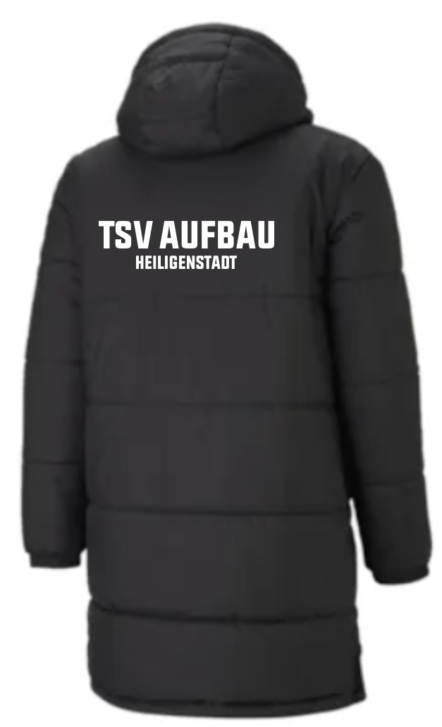 Gepolsterte, schwarze PUMA Bench Jacke mit Kapuze, von hinten. Auf dem Rücken steht in weißen Großbuchstaben 'TSV AUFBAU' und darunter 'HEILIGENSTADT'.