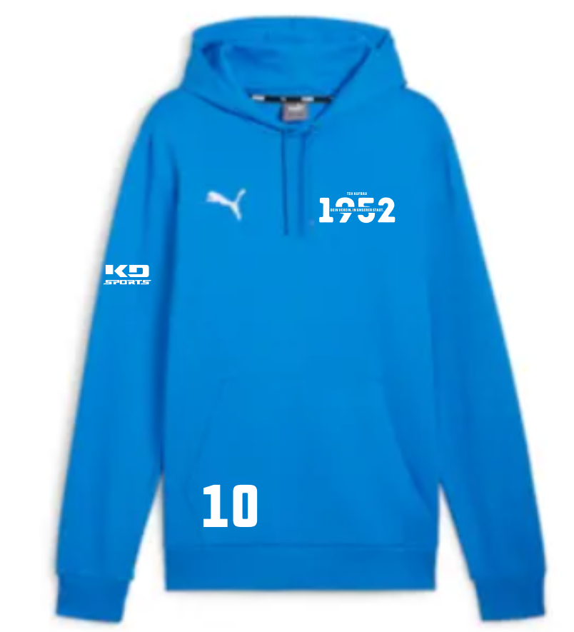 teamGOAL Damen Hoodie in Blau für den TSV Aufbau 1952 Heiligenstadt, mit weißem Puma-Logo, dem Vereinsschriftzug 'TSV Aufbau 1952', dem KG Sports Logo am Ärmel und der Nummer 10 auf der Vorderseite.