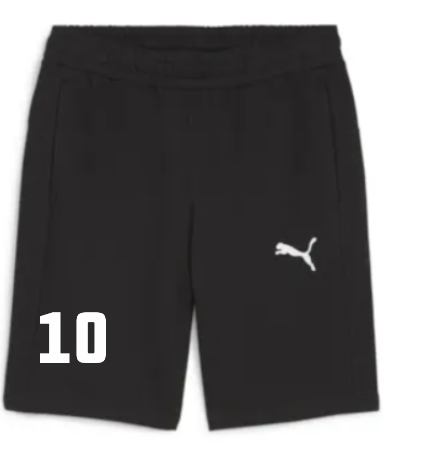 Schwarze teamGOAL Casuals Sweatshorts mit elastischem Bund, weißem Puma-Logo am rechten Bein und der großen weißen Nummer 10 auf dem linken Bein, personalisierbar mit Initialen oder Nummer.
