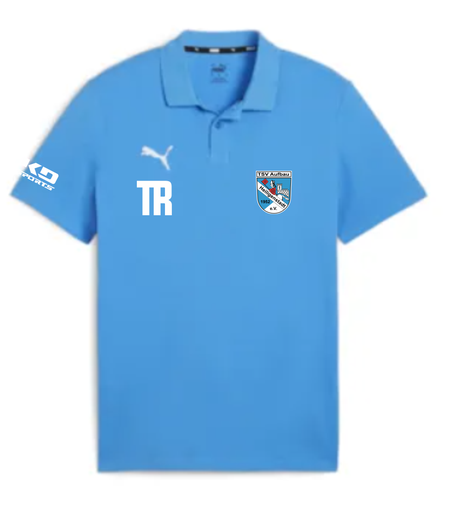 teamGOAL Herren Poloshirt (Wappen) des TSV Aufbau 1952 Heiligenstadt in Hellblau. Es zeigt ein weißes Puma-Logo und den Schriftzug 'TR' auf der linken Brust, das farbige Wappen des TSV Aufbau Heiligenstadt mit Burgmotiv auf der rechten Brust und ein KD SP