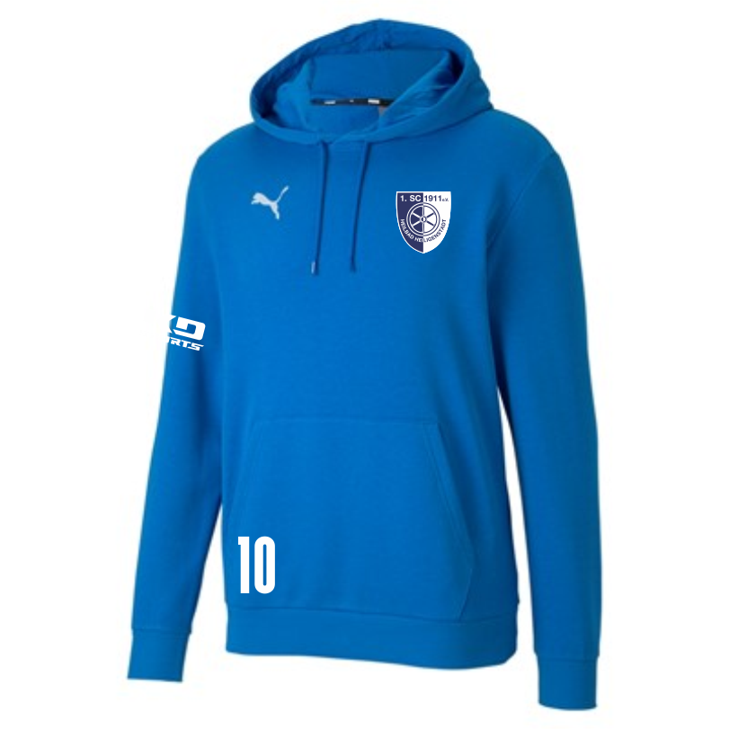 Blauer teamGOAL Hoodie des 1. SC 1911 Heiligenstadt mit Kapuze und Kängurutasche, verziert mit einem weißen Puma-Logo auf der rechten Brust, dem Vereinswappen des 1. SC 1911 Heiligenstadt auf der linken Brust, einem GOAL SPORTS-Logo am linken Ärmel und de