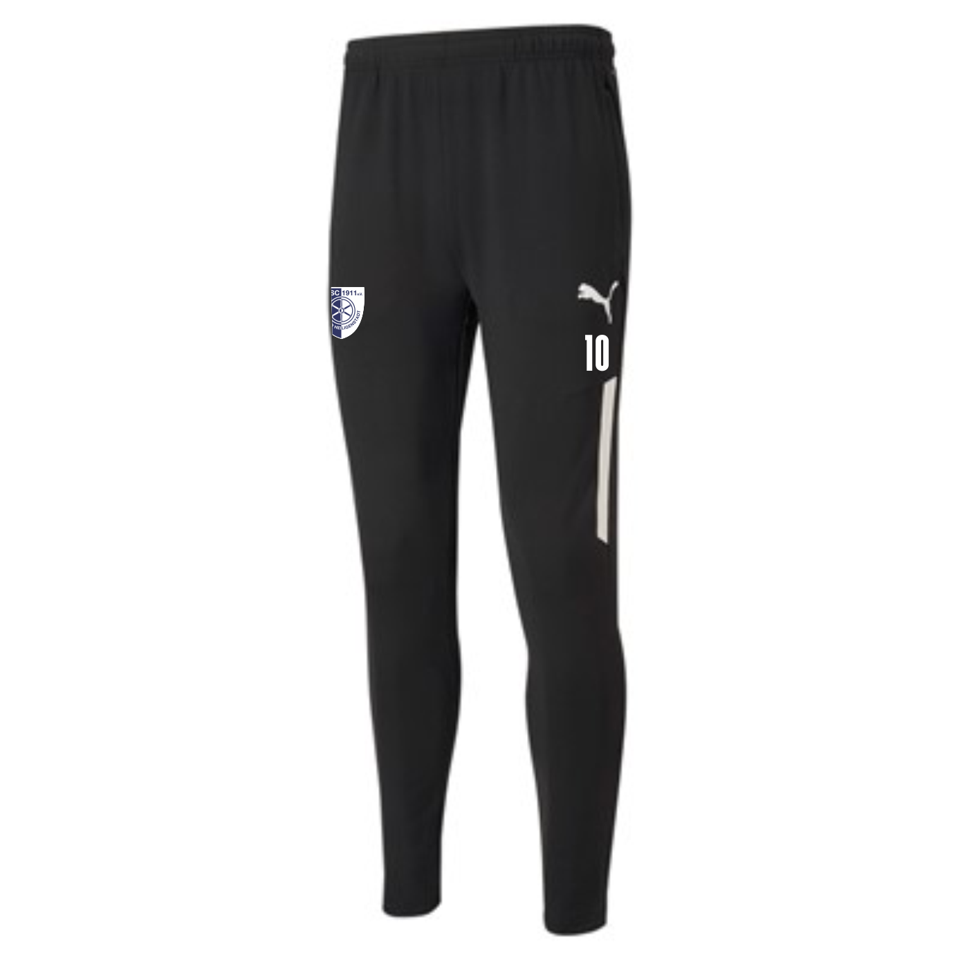 Schwarze teamLIGA Herren PRO Trainingshose von Puma mit dem Logo des 1. SC 1911 Heiligenstadt auf dem linken Oberschenkel und dem Puma Logo mit der Nummer 10 sowie einem weißen Streifen auf dem rechten Bein.