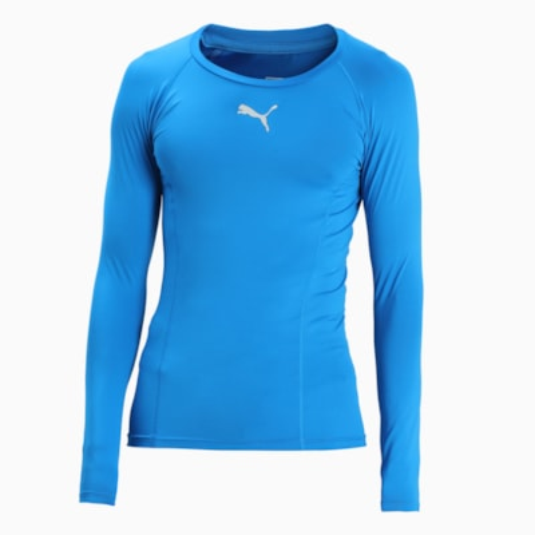 Puma teamLIGA Baselayer langarm Funktionsshirt in leuchtendem Blau, eng anliegend, mit weißem Puma-Logo auf der Brust.
