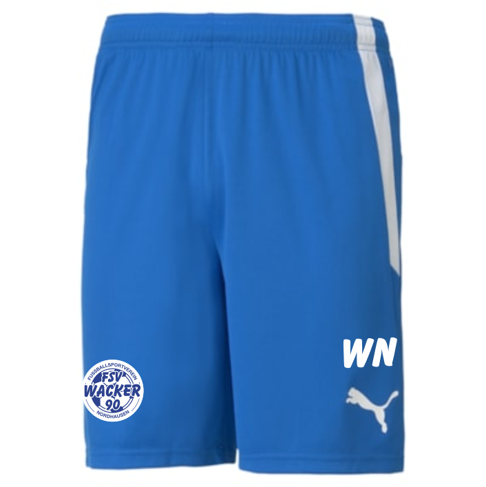 Blaue teamLIGA Shorts von Puma für den FSV Wacker 90 Nordhausen. Die Shorts zeigen einen weißen Seitenstreifen, das kreisförmige FSV Wacker 90 Nordhausen Logo auf dem linken Bein und das Puma Logo mit dem weißen Schriftzug 'WN' auf dem rechten Bein.