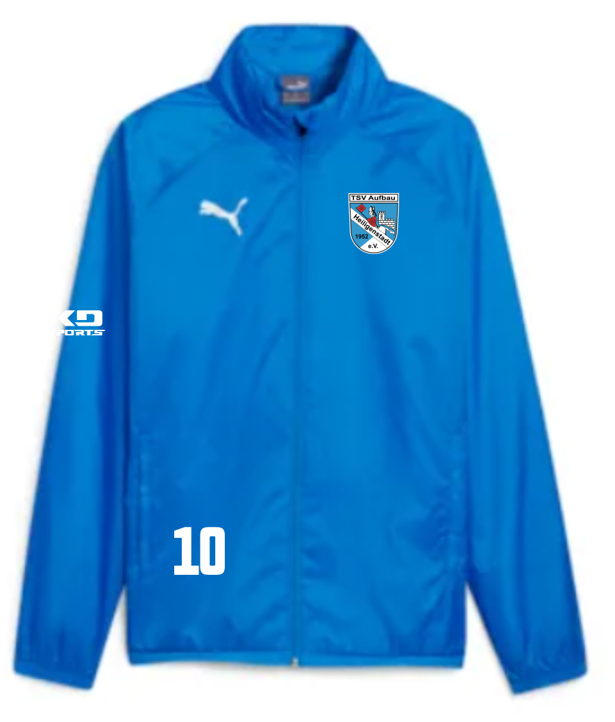 teamGOAL Kinder Allwetterjacke in Hellblau für TSV Aufbau 1952 Heiligenstadt, mit Puma-Logo auf der Brust, Vereinswappen des TSV Aufbau, KG Sports Logo am Ärmel und der Nummer 10 auf der Vorderseite.