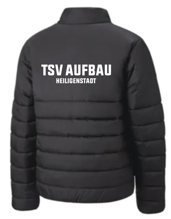 teamLIGA Steppjacke Schwarz des TSV Aufbau 1952 Heiligenstadt, Rückansicht mit weißem 'TSV AUFBAU HEILIGENSTADT' Schriftzug auf dem Rücken.