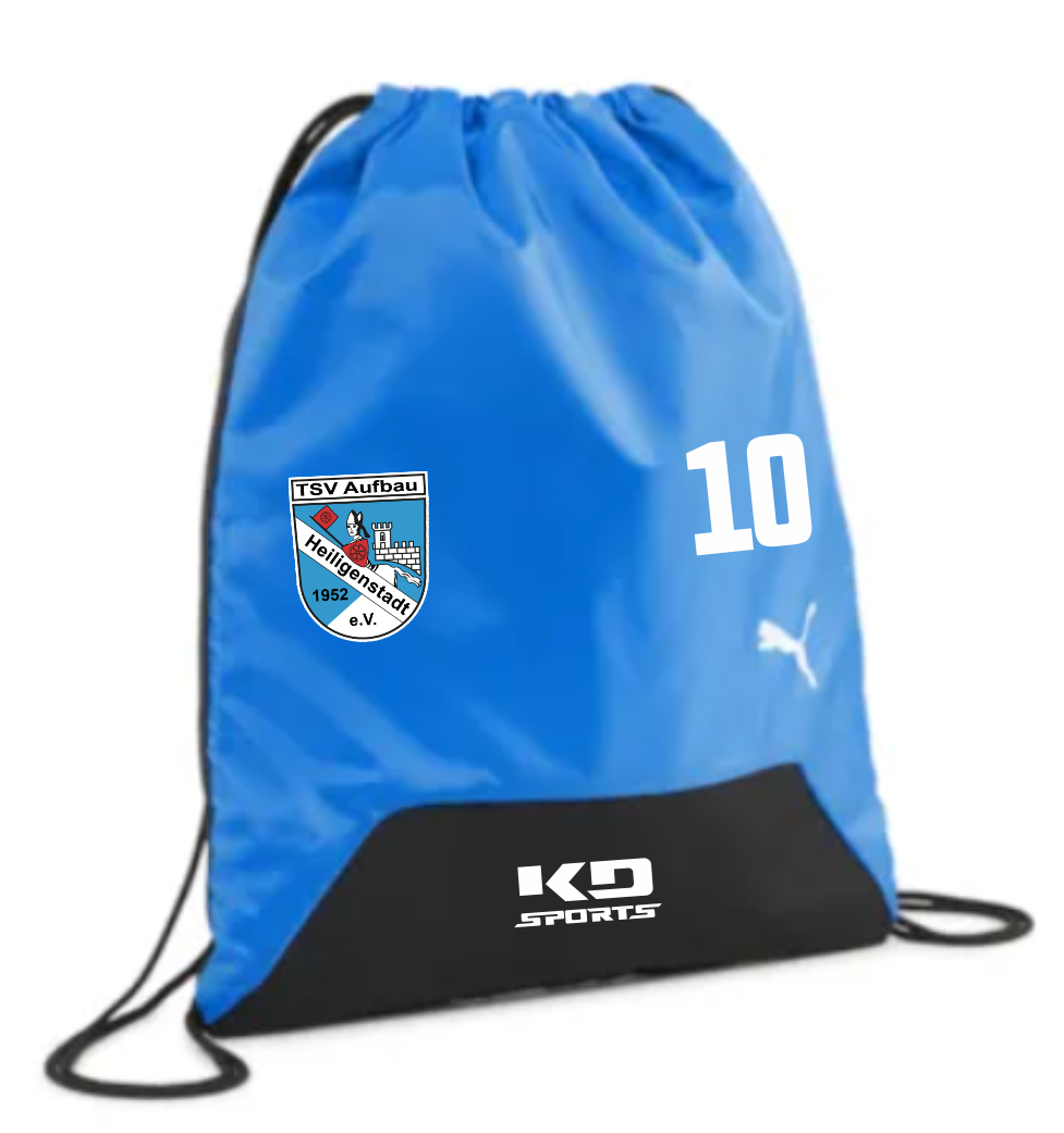 Der teamGOAL Gym Sack Blau - TSV Aufbau 1952 Heiligenstadt mit Vereinslogo, der Nummer 10 und K9 Sports Schriftzug.