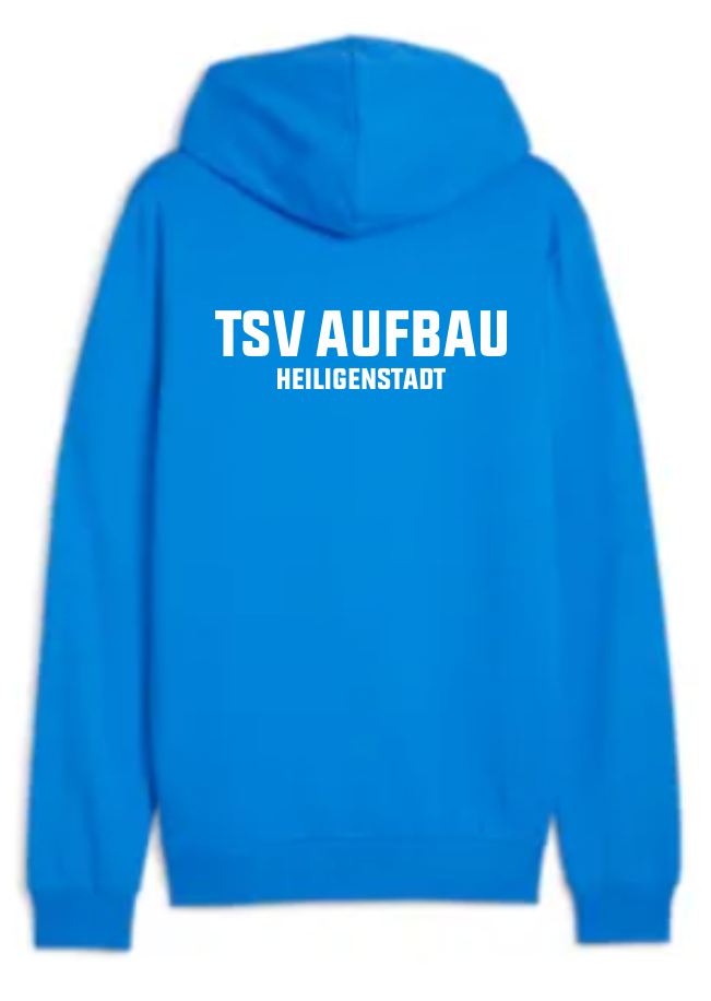 teamGOAL Kinder Hoodie in Blau, Rückansicht, mit weißem Aufdruck 'TSV AUFBAU HEILIGENSTADT' auf dem Rücken.