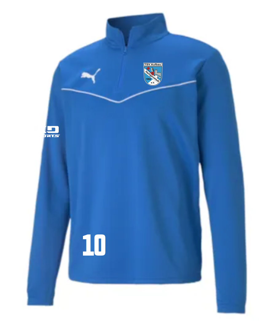 teamRISE Kinder Zip Sweatshirt TSV Aufbau 1952 Heiligenstadt in Blau mit Reißverschluss, Puma-Logo, Vereinswappen und Ärmelnummer 10.
