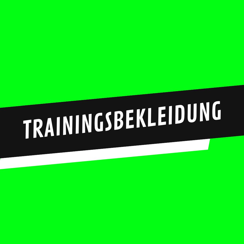 KD Sports Banner: 'TRAININGSBEKLEIDUNG' auf diagonalem schwarzem Band vor neongrünem Hintergrund.