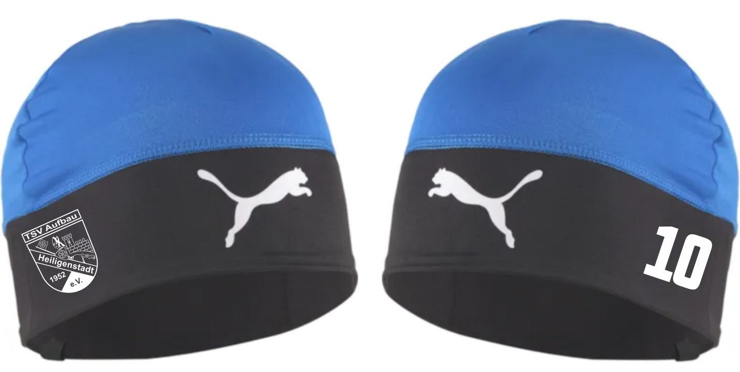 PUMA LIGA Beanie des TSV Aufbau 1952 Heiligenstadt in Blau und Schwarz, mit weißem Vereinslogo auf der linken Seite und weißer Spielernummer 10 auf der rechten Seite, flankiert von je einem weißen Puma-Logo auf beiden Ansichten.