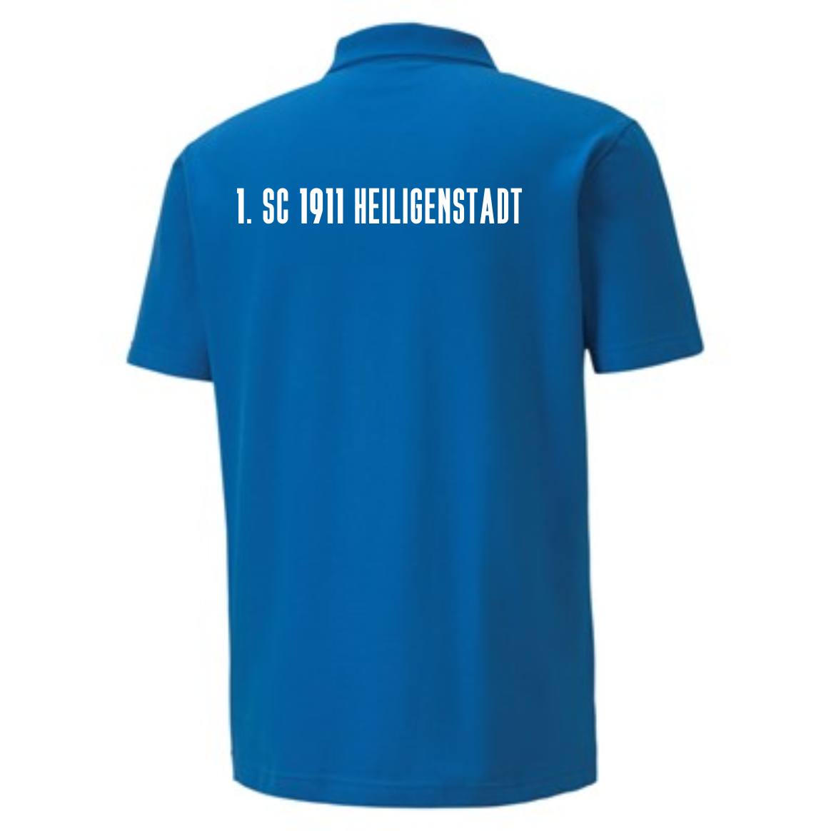 Rückenansicht des teamGOAL Herren Poloshirts in Königsblau mit dem weißen Schriftzug '1. SC 1911 HEILIGENSTADT'.
