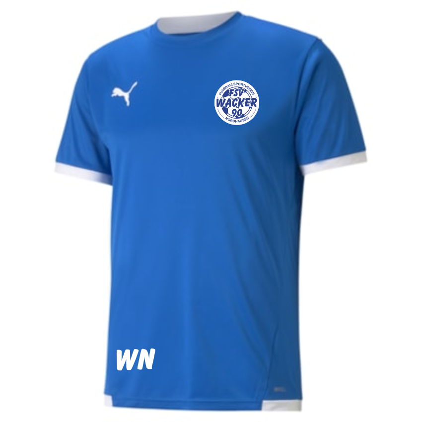 Blaues teamLIGA Herren Jersey des FSV Wacker 90 Nordhausen mit weißem Puma-Logo, weißem Vereinswappen und weißen Ärmelbündchen.