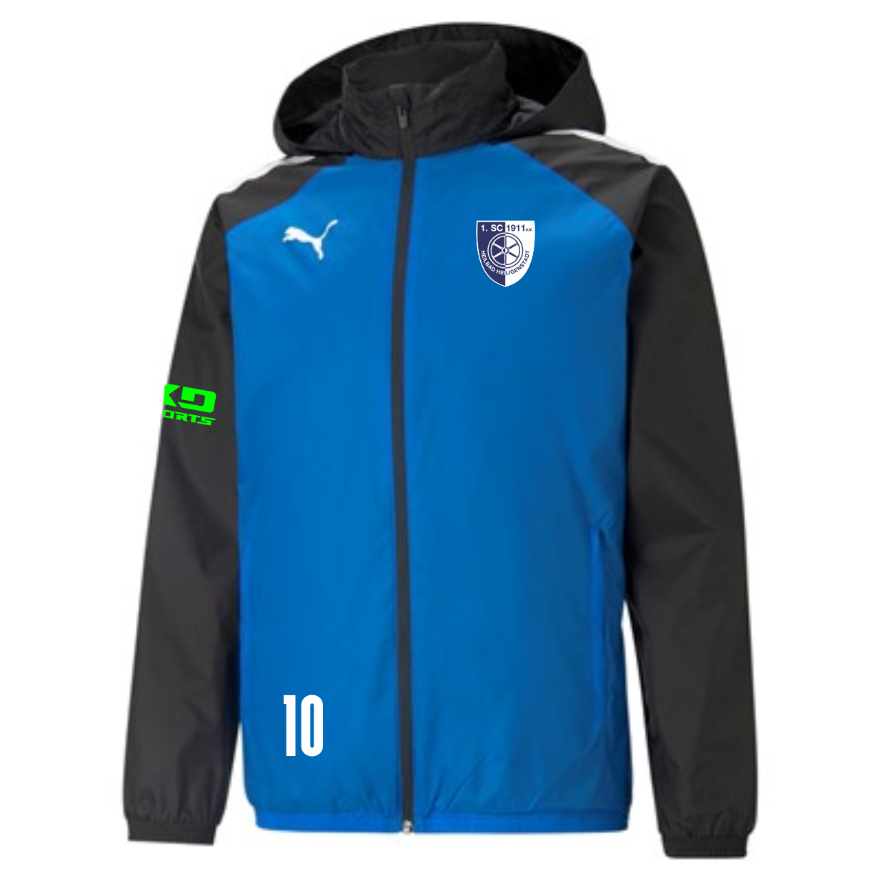 teamLIGA Kinder Allwetterjacke des 1. SC 1911 Heiligenstadt in Blau mit schwarzen Ärmeln und Kapuze. Die Jacke zeigt das Puma Logo, das Vereinswappen des 1. SC 1911 Heiligenstadt, ein grünes KD SPORTS Logo auf dem linken Ärmel und die weiße Nummer 10 auf