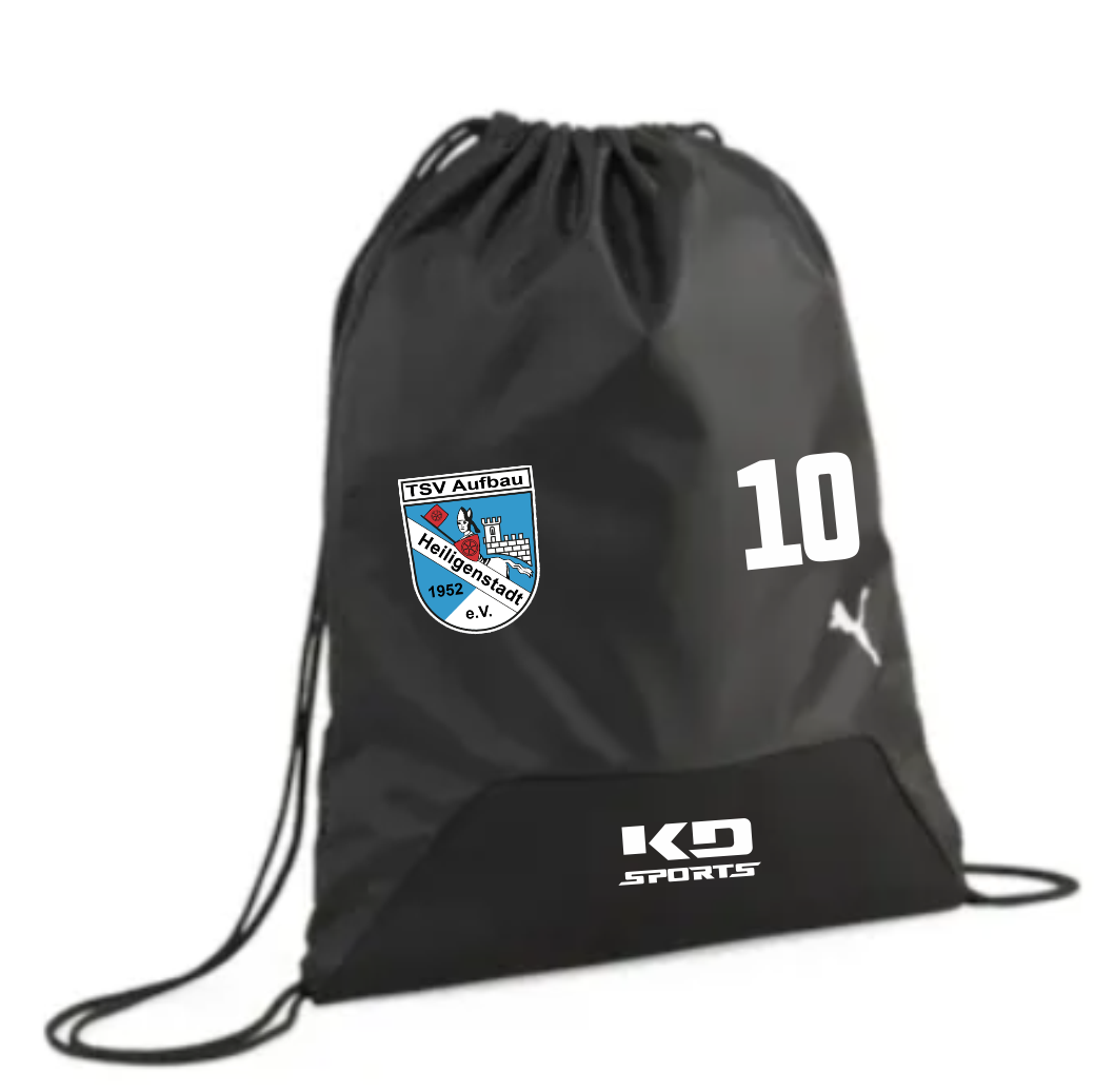 Schwarzer teamGOAL Gym Sack mit dem Vereinslogo des TSV Aufbau 1952 Heiligenstadt, der weißen Zahl 10, einem weißen Puma-Logo und dem Schriftzug 'KD SPORTS'.