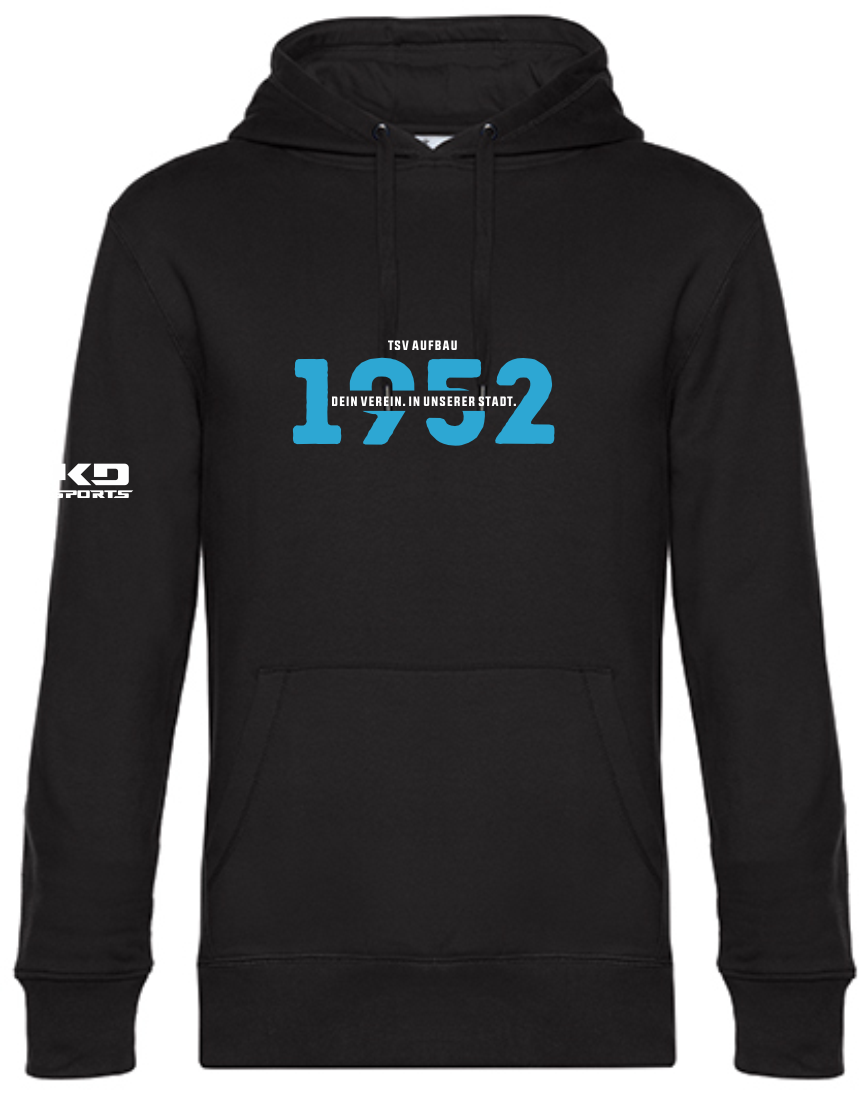 Schwarzer Kinder Hoodie "Dein Verein in unserer Stadt" - TSV Aufbau 1952 Heiligenstadt mit großem türkisfarbenem '1952' Aufdruck, 'TSV Aufbau' und 'Dein Verein. In unserer Stadt.' in Weiß auf der Brust, einer Kängurutasche und einem K9 Sports Logo am link