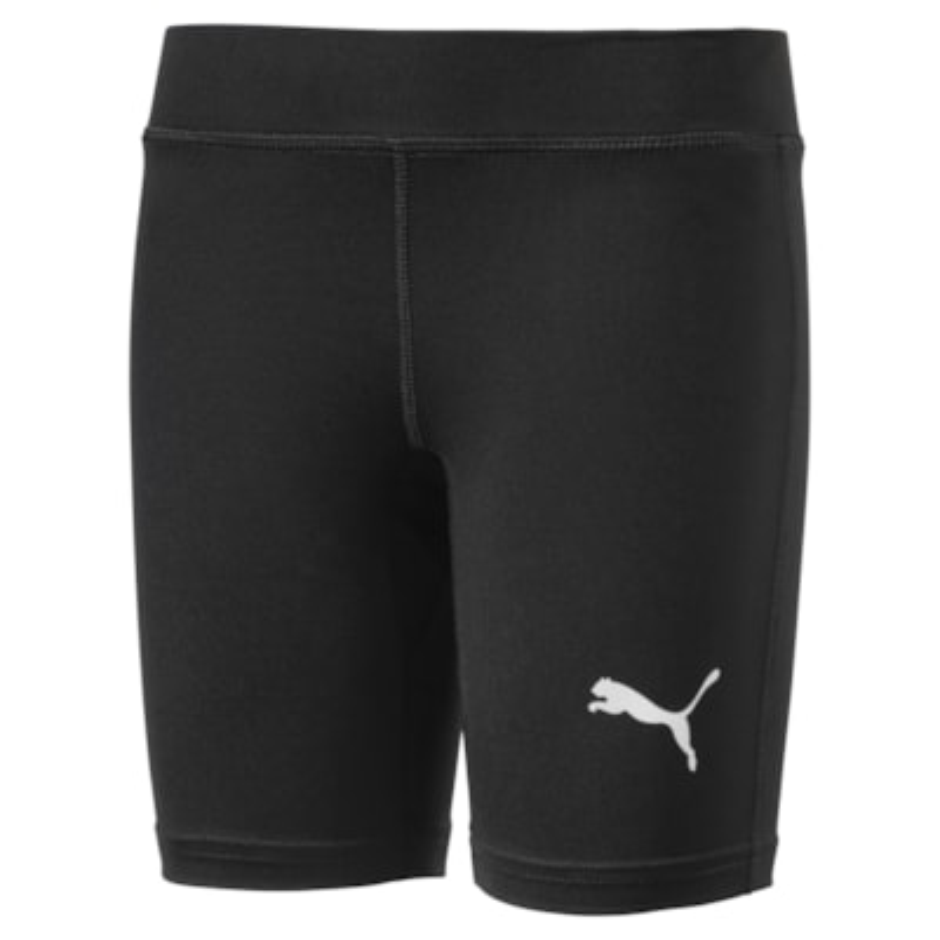 Schwarze teamLIGA Baselayer Funktionsshorts von Puma, eng anliegend, mit weißem Puma-Logo auf dem rechten Oberschenkel.