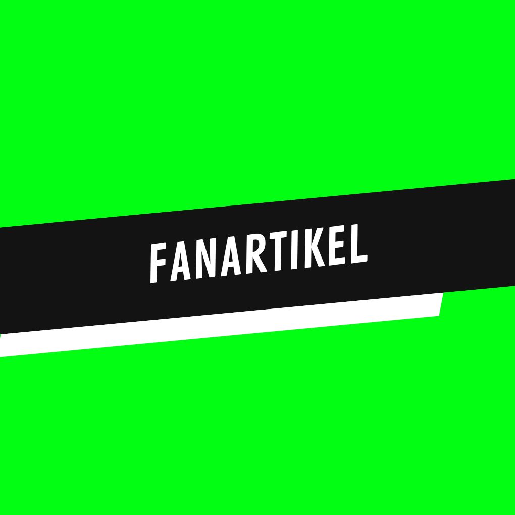 Schwarzer Banner mit weißem Schriftzug 'FANARTIKEL' auf leuchtend grünem Hintergrund, für KD Sports.