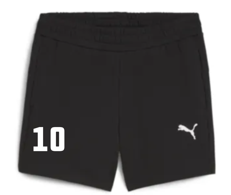 teamGOAL Damen Casuals Sweatshorts in Schwarz, personalisiert mit der weißen Nummer 10 auf dem linken Bein und einem weißen Puma-Logo auf dem rechten Bein. Die Shorts zeigen eine Gummizugbund.