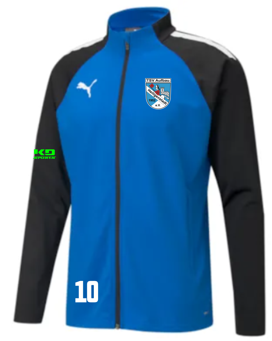 teamLIGA Kinder Trainingsjacke des TSV Aufbau 1952 Heiligenstadt in Blau und Schwarz mit weißem Puma-Logo, dem Vereinswappen auf der linken Brust und der Spielernummer 10 auf der Vorderseite.