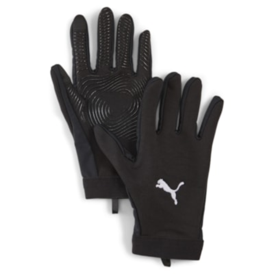 PUMA individualWINTERIZED Fußballhandschuhe Schwarz, ein Paar schwarze Handschuhe mit weißem PUMA-Logo und rutschfester Grifffläche auf der Handfläche.