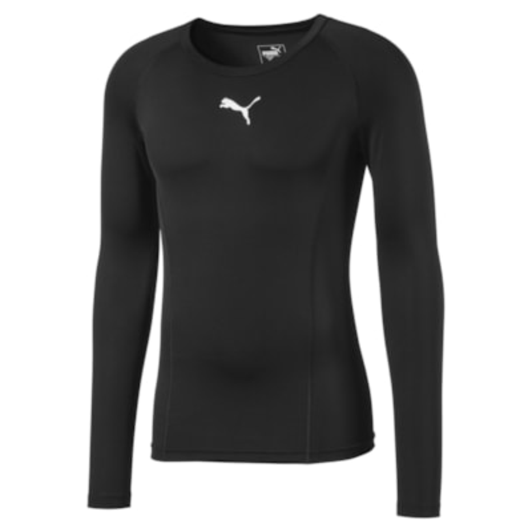 Schwarzes teamLIGA Baselayer langarm Funktionsshirt von Puma mit weißem Puma-Logo auf der Brust.