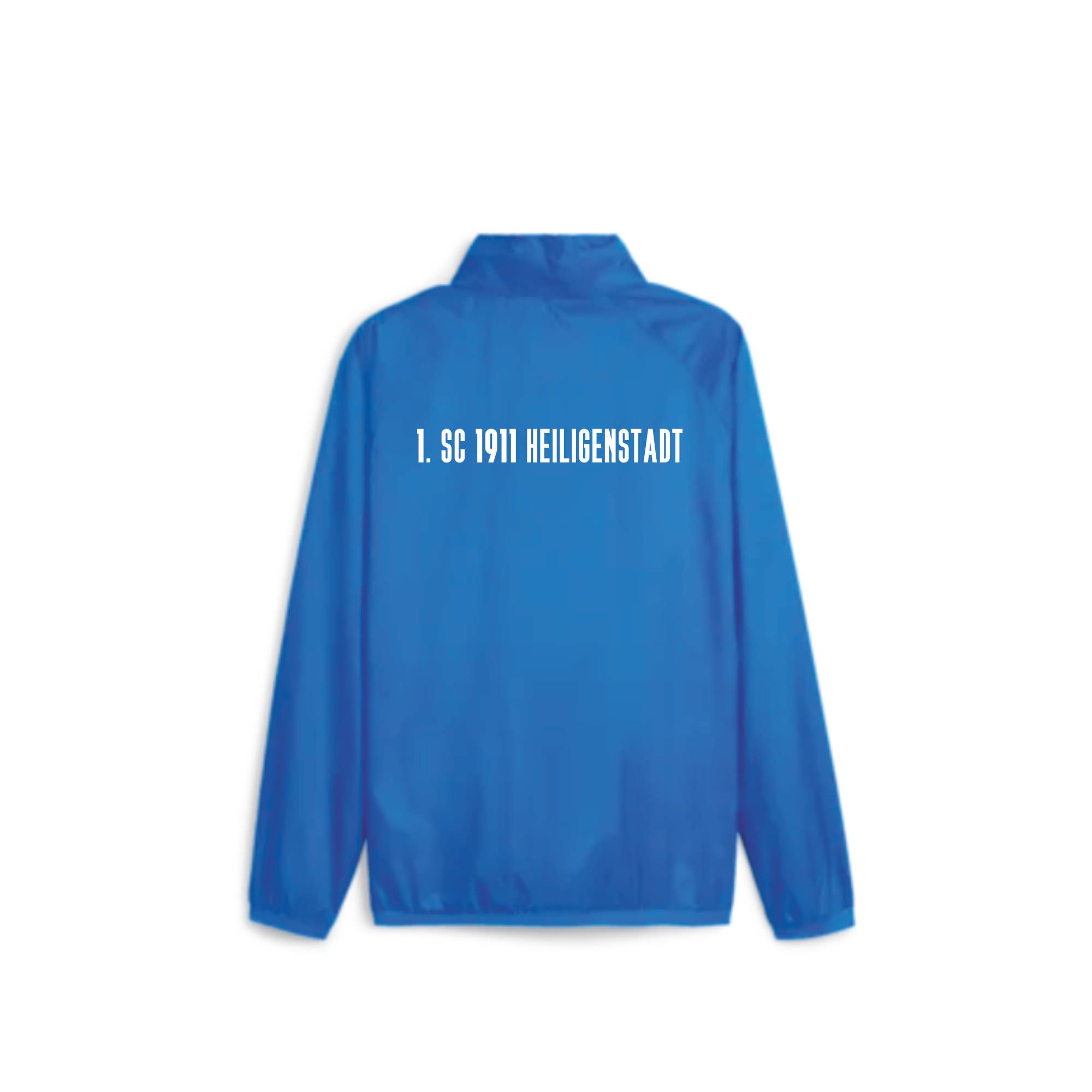 Rückansicht der blauen teamGOAL Allwetterjacke des 1. SC 1911 Heiligenstadt mit weißem Schriftzug '1. SC 1911 HEILIGENSTADT' auf dem Rücken.