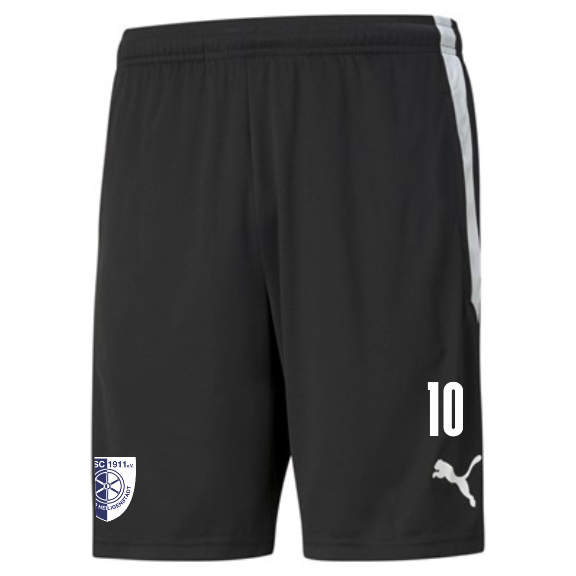 Schwarze Puma teamLIGA Shorts des 1. SC 1911 Heiligenstadt mit weißem Vereinslogo auf dem linken Bein, weißer Nummer 10 und Puma-Logo auf dem rechten Bein sowie einem weißen Seitenstreifen.